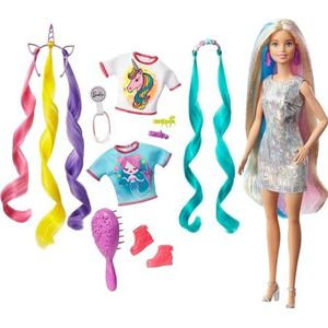 Barbie Fantastic Hair pop blond met lang glanzend haar met 2 mooie hoofdbanden en accessoires, kinderspeelgoed, GHN04