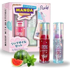 Manga Collectie Sparkle Lip Oil Duo van RUDE Cosmetics voor Vrouwen - 2 stuks 0,14 oz Sparkle Lip Oil - Watermeloen, 0,14 oz Sparkle Lip Oil - Mint
