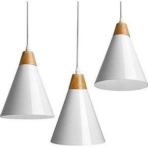 Bakaji Set van 3 metalen en houten plafondhanglampen modern industrieel design lamphouder wit E27 gloeilamp max. 25 W huisdecoratie verlichting met montageset