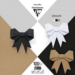 Clairefontaine 95006C, verpakking met 100 vellen origami-papier, 80 g/m², formaat 20 x 20 cm, glad en gekleurd papier, creatieve vrije tijd, neutraal assortiment (zwart, wit, kraft)