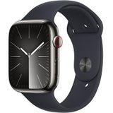 Apple Watch Series 9 (45 mm GPS + Cellular) Smartwatch met behuizing van grafietkleurig roestvrij staal en sportarmband in middernachtblauw (M/L). Tracker voor fysieke activiteit, apps voor zuurstof