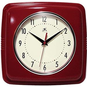Infinity Instruments Horloge murale carrée silencieuse rétro 22,9 cm pour cuisine, salle à manger, mouvement à quartz (rouge)