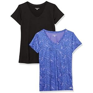 Amazon Essentials Dames Tech Stretch T-shirt met korte mouwen en V-hals (verkrijgbaar in grote maten), zwart/marmer, 2 stuks, maat XS