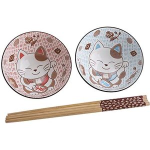 lachineuse - Japanse lunchset - Maneki Neko design - Geluksbrenger kat - 2 rijstkommen en eetstokjes - Duo Gourmand - Japanse decoratie - Japan Azië geschenkidee