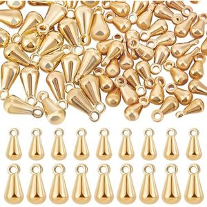 Beebeecraft 1 doos met 80 stuks waterdruppelvormige bedels van messing 18 karaat verguld 2 maten kettingverlenging bedels hangende kralen gat 1 mm voor 6 x 3 mm, messing verguld 18K goud, Messing