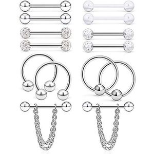 LAURITAMI 14 stuks 14 g tepel piercing ringen barbell tong van chirurgisch staal retainer hanger zilver zwart voor vrouwen piercing sieraden