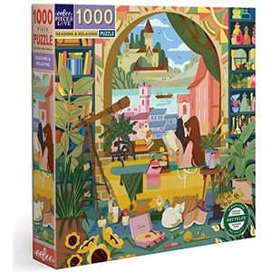 eeBoo 1000 stukjes, lezen en ontspannen, gerecycled karton, hoogwaardige puzzel voor volwassenen, blauw, groen, bruin, rood, geel, paars