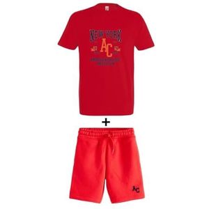 AMERICAN COLLEGE USA 2-delige set T-shirt en shorts voor heren en dames, 2-delige set, T-shirt + shorts, uniseks, 1 stuk, Rood