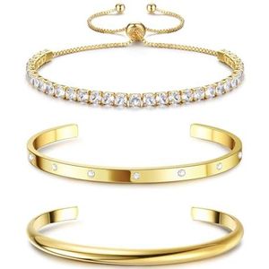 FIOROYAL 14 karaat gouden armband set voor dames - Stapelbare verstelbare gedraaide armband - CZ manchet armband - rekbare kralen armband - goud, Koper, Kubieke zirkonia