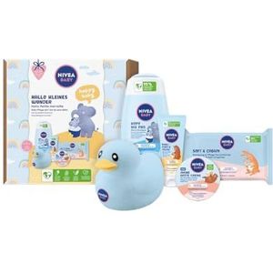 NIVEA Babyverzorgingsset met shampoo, vochtige doekjes, crème en meer, cadeauset met toiletproducten en schattige badeend, hallo Petit Miracle