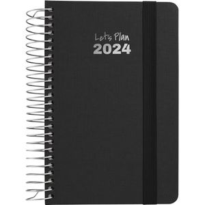Grafoplás Agenda 2024, jaarlijks A6, Spaans, dagpagina, 10,5 x 16,5 cm, hardcover, stoffen omslag, kleur zwart, elastische sluiting, serie Fancy