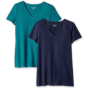 Amazon Essentials Dames-T-shirt met V-hals en korte mouwen, klassieke pasvorm, donkergroen/marineblauw, maat L