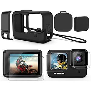 Kuptone Accessoireset voor GoPro Hero 10/Hero 9 zwarte siliconen beschermhoes + 6 displaybeschermfolies van gehard glas voor Hero 10 Hero 9, zwart.