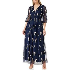 Frock and Frill Frock And Frill Geborduurde Bloemen Jurk voor Vrouwen Speciale Gelegenheid Jurk, Navy Blauw