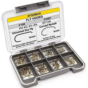 XFISHMAN Lot de 240 hameçons incurvés pour pêche à la mouche sèche humide nymphe 10# ~ 16# Assortiment de 240 hameçons avec boîte