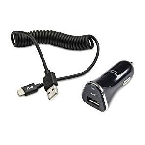 DCU Tecnologic | Mobiele autolader | 2,4 A mobiele USB-oplader + iPhone/iPad oplaadkabel | Apple goedgekeurde C48-stekker | Lightning-kabel | lengte 1,5 m