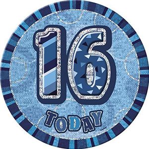 Unique Party - 55271 - badge voor de 16e verjaardag - 15 cm - blauwe glitter