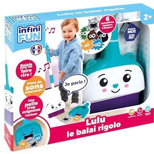 Infini Fun - Lulu De Rigolo bezem - De eerste bezem die spreekt bij het vegen! - Complete set met bezem, schep en grappig stof - Imitatiespeelgoed voor kinderen vanaf 2 jaar