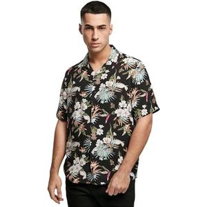 Urban Classics AOP Resort heren-T-shirt, viscose, Hawaii, bloemenprint, klapkraag, maten S tot 5XL, Blacktropical