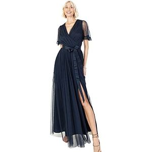 Anaya with Love Maxi-jurk voor dames, V-hals, korte mouwen, ruches, empire-taille, voor bruiloftsgasten, bruidsmeisjesjurk (1 stuk), Navy Blauw