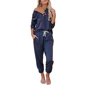 AUTOMET 2-delige ontspanningskleding set voor dames, pyjamaset met joggingbroek, marineblauw, M, Navy Blauw