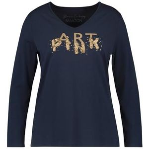 Samoon T-shirt à manches longues pour femme avec paillettes Wording à manches longues imprimé sur le devant, Imprimé bleu marine., 50