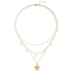 Kralengelaagde ketting, Boheemse gouden bedelketting, parelketting, strandketting, schelpketting, zomer, parelketting voor dames, strandsieraden, 45 cm, koper, legering, kunstparel, Geen edelsteen