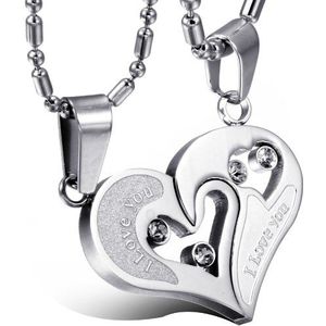 JewelryWe Vriendschapsketting van roestvrij staal, set van 2, met puzzelhanger, hartvormige hanger, met opschrift ""Love You"", gegraveerd, Roestvrij staal, Strass
