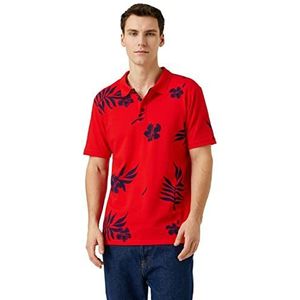 Koton Polokraag T-shirt met bladprint button-down slim fit korte mouwen T-shirt heren, Rotes patroon (4d1)