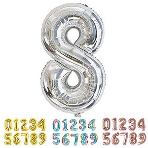 Ponmoo 86 cm ballon getal 8 zilver, 0 tot 100 ballon leeftijd opblaasbaar verjaardag, ballon nummer verjaardag cijfers ballon 8 zilver