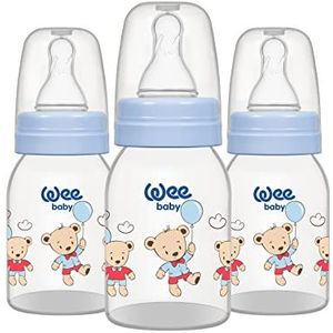 Wee Baby Plastic fles (3 stuks), BPA-vrije babyfles met ronde zuiger om borstvoeding te geven, witte, roze en blauwe siliconen flessen, babyfles 125 en 250 ml