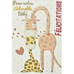 66-1158 Kaart met pailletten, felicitaties aan gelukkige ouders – welkom baby – klein meisje – moeder giraffe dieren roze harten schattig – gemaakt in Frankrijk