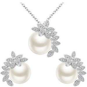 BiBeary Elegante sieradenset met halsketting en oorbellen in bladvorm en synthetische parels voor dames, zirkonia, parel, zirkonia, Parel