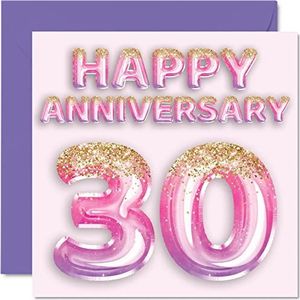 Schattige verjaardagskaart met parels voor vrouwen vriendin echtgenoot vriend - glitter ballonnen roze violet - wenskaarten voor de 30e verjaardag van de familie, 145x145mm