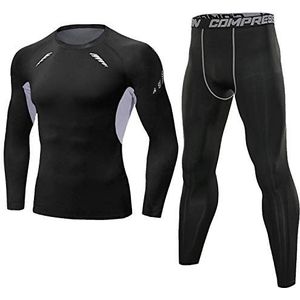 Sykooria Thermo-ondergoedset voor heren, sport-T-shirt, compressie, lange mouwen + leggingsbroek, hardlopen, fitness, fitnessstudio, grijs, XL, grijs.