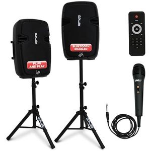 Pyle Luidsprekerset met 2 luidsprekerpoten, draagbare PA-systeemset, draadloos, 1800 W, Bluetooth-compatibel, actief/passief paar voor geluid binnen en buiten, meerdere ingangen