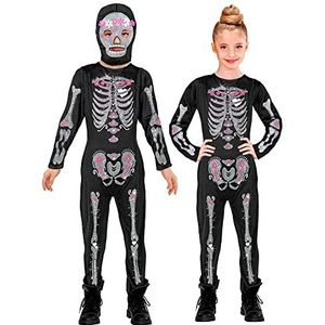 Widmann - Kinderkostuum skelet glitter 2-delig overall en masker met capuchon, doodshoofd, botten, bekleding, themafeest, carnaval, Halloween. 98238 158 cm/11-13 jaar meerkleurig