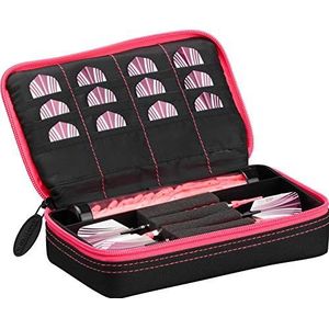 Casemaster Plazma dartkoffer met zachte punt en stalen punt, voor 3 dartpijlen, met geïntegreerde opbergbuis en zakken voor flights, punten, schachten en persoonlijke voorwerpen, Borduurwerk in roze, Plazma (3 darttas)