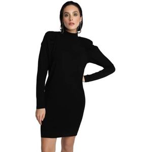 Madnezz House Dames Valentina jurk dames jurk opstaande kraag lange mouwen mini lengte schouder versterkt, zwart, S, shbrun