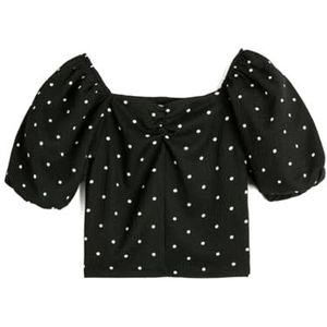 Koton Crop T-shirt Polka-Dot Short Puff Sleeve Vierkante Neck Blouse Meisjes, Zwart Design 9d9