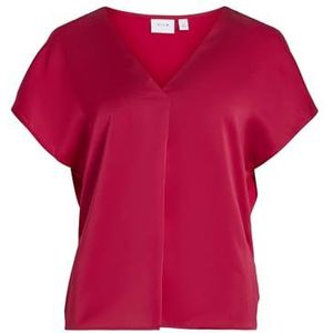 Vila Viellette S/S satijnen top met V-hals - Noos damesblouse met korte mouwen, Kersen