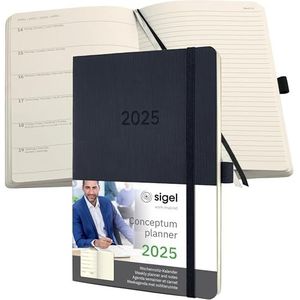 SIGEL Conceptum C2524 Agenda semainier 2025, format A5, noir, couverture souple, 192 pages, élastique, passant pour stylo, pochette d'archive, certifié PEFC, Conceptum