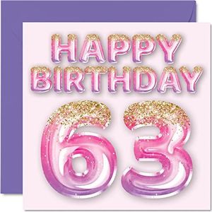 Verjaardagskaart voor vrouwen, verjaardagskaart, glitterballonnen, roze, paars, glitter, verjaardagskaart voor vrouwen, 63 jaar, 145 mm x 145 mm