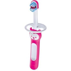 Mam Baby'S Brush Tandenborstel in set van 2 met veiligheidsring, korte handgreep voor melktanden, 6 maanden, roze