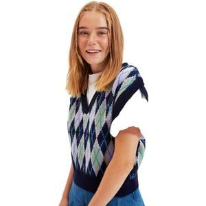 Trendyol Pullover zonder mouwen, geruit, marineblauw, L, Navy Blauw