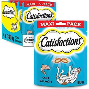 CATISFACTIONS Snacks voor katten en kitten, zalmsmaak, 4 zakjes MAXI 180 g, knapperig aan de buitenkant, zacht aan de binnenkant, ideaal voor het delen van een moment van compliciteit