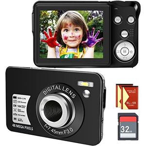 Digitale camera voor kinderen, compacte vloggingscamera met SD-kaart 48 MP 2,7 K/20 FPS 2,7 inch lcd-display, anti-tremor, selfile voor kinderen, tieners, beginners, cadeau