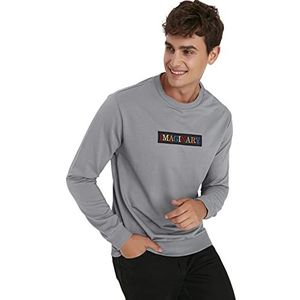 Trendyol Sweatshirt met ronde hals met slogan standaard trainingspak voor heren, grijs, XL oversized, grijs.