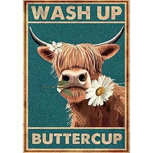 LBS4ALL Retro metalen bord met opschrift ""Wash Up Buttercup"", grappige wanddecoratie in koeivorm, om op te hangen, voor badkamer, woondecoratie