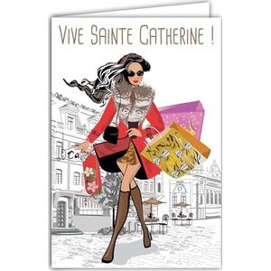 Kaart die opent Vive Saint Catherine Gelukkig Feest 25 november voor Meisje Vrouw Catherinette Mode Star Handtas Shopping Zonnebril Laarzen Met Witte Envelop Formaat 12 x 17,5 cm